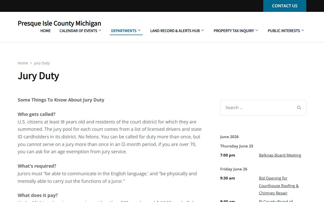 Presque Isle County jury duty page tied to local court records access
