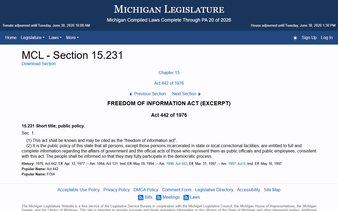Michigan FOIA statute page tied to Presque Isle County court records