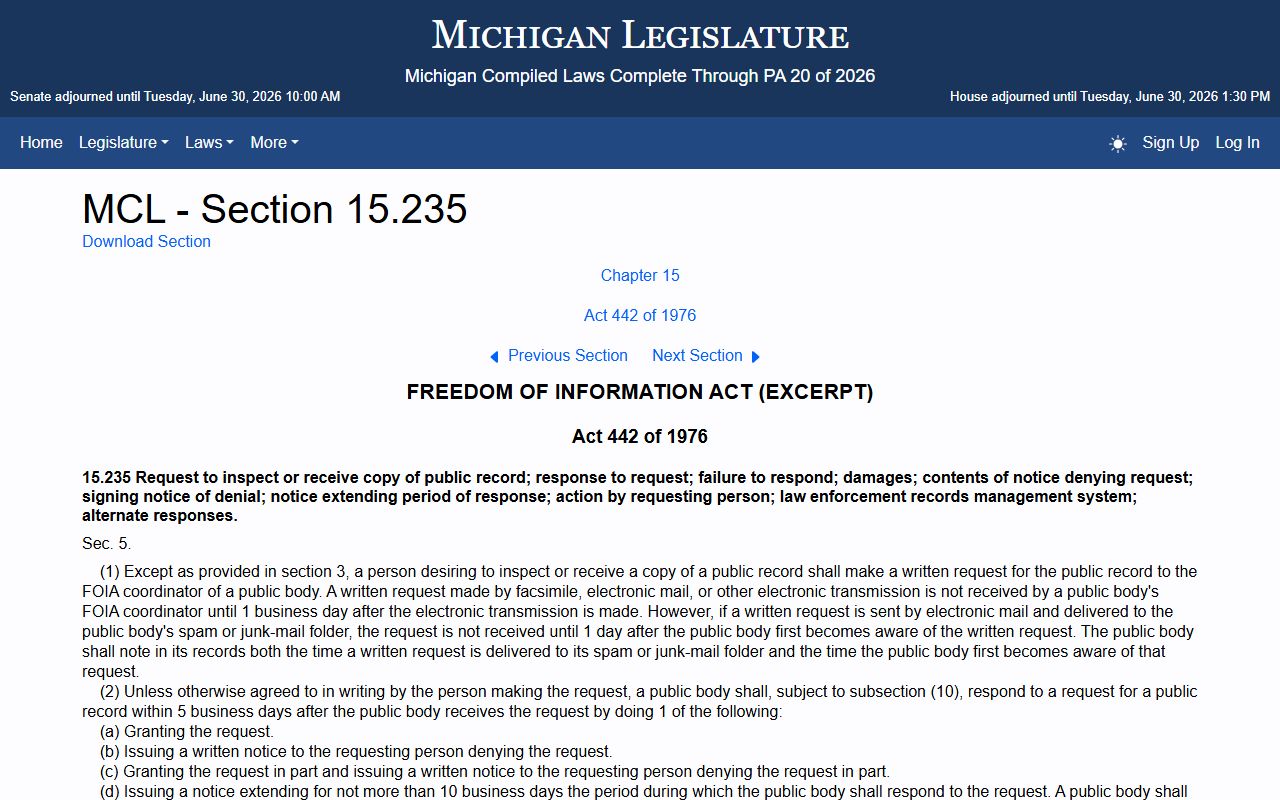 Michigan FOIA procedure statute for Presque Isle County court records requests